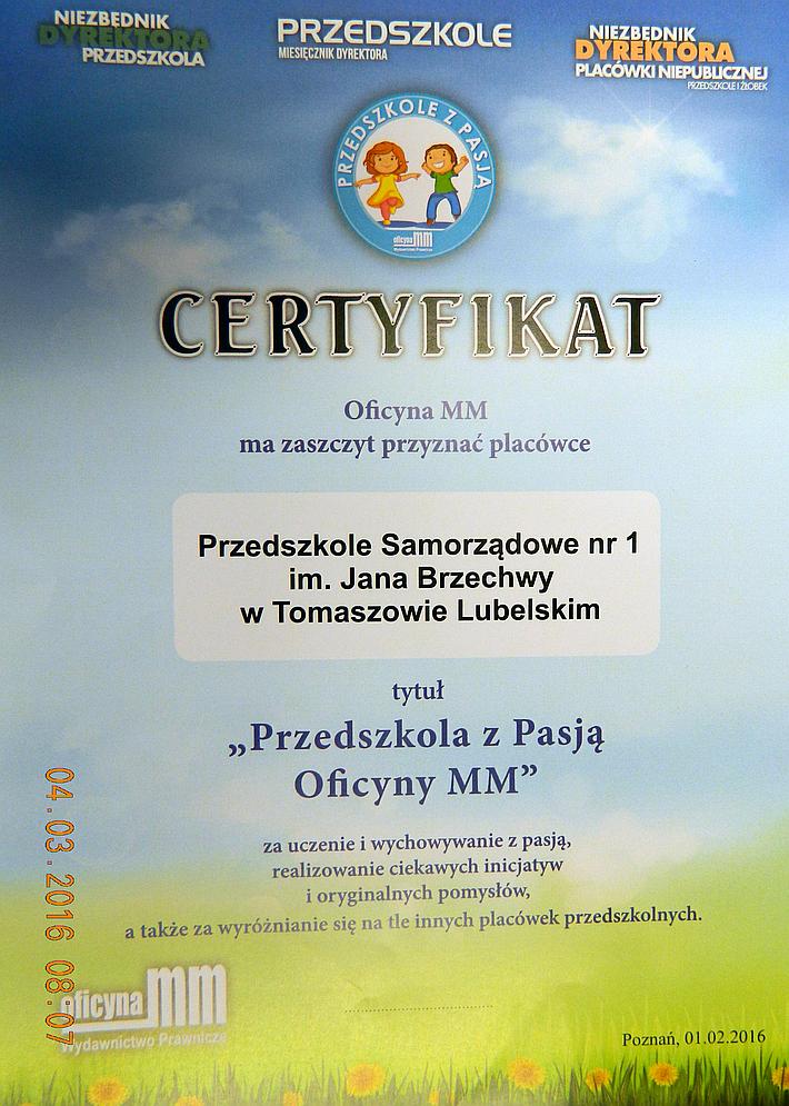 Certyfikat - Przedszkole z Pasj