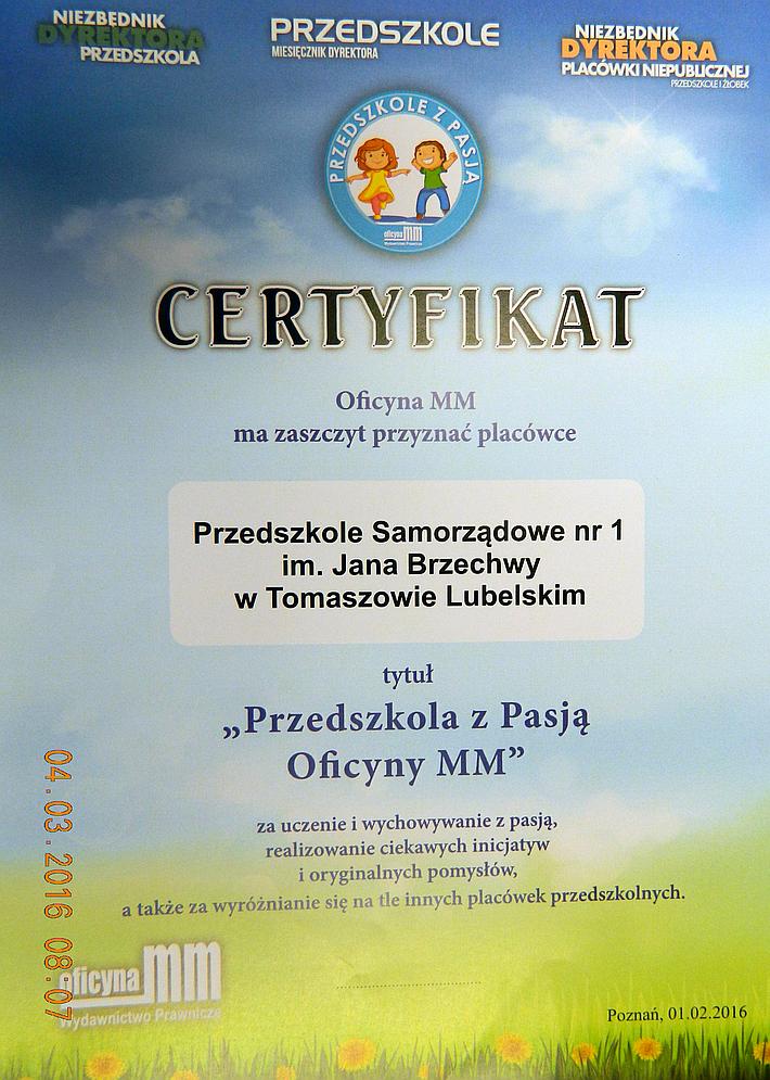 Certyfikat - Przedszkole z Pasją Certyfikat - Przedszkole z Pasją