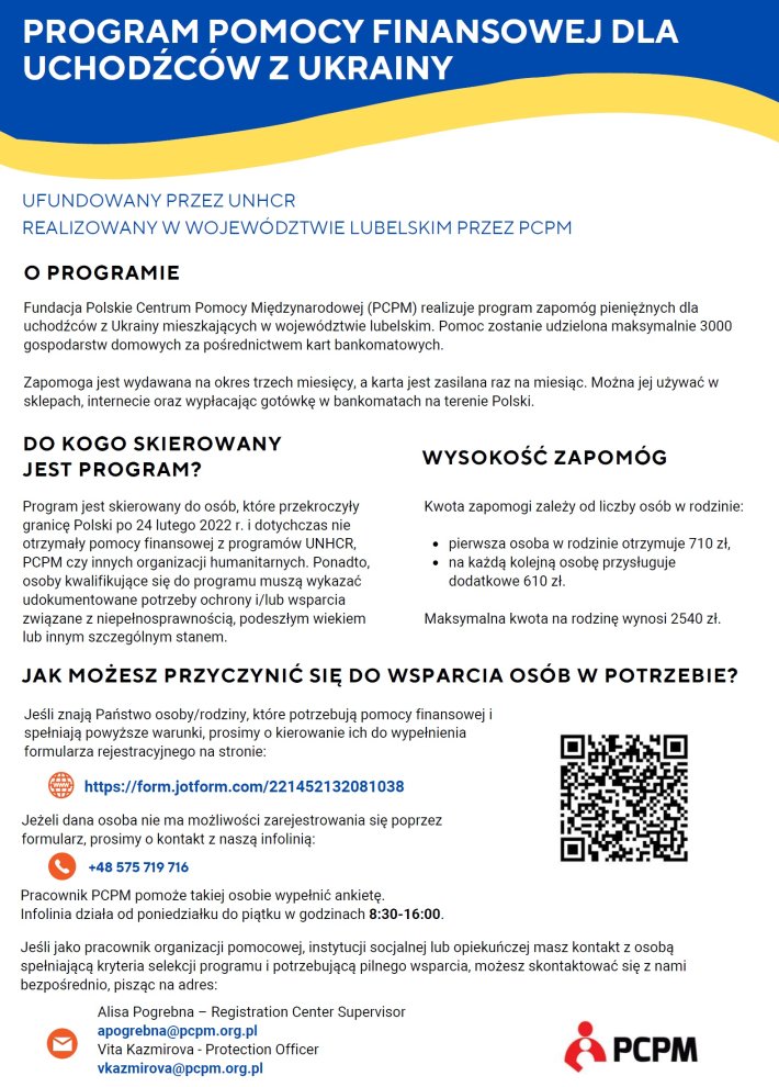 Program pomocy finansowej dla uchodcw z Ukrainy / Програма допомоги від ООН для біженців з України