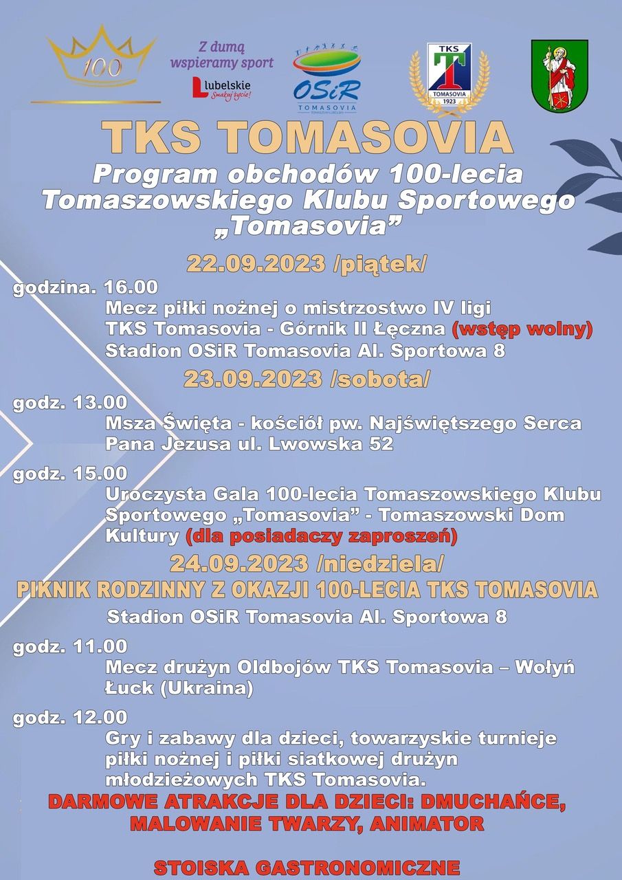 Program obchodów 100-lecia TKS „Tomasovia”