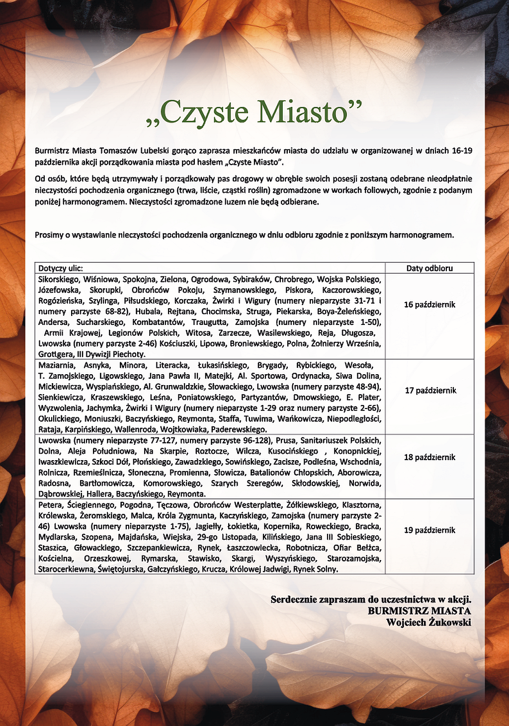 Burmistrz Miasta Tomaszów Lubelski zaprasza wszystkich mieszkańców do aktywnego włączenia się do akcji „Czyste miasto” organizowanej w dniach od 16 do 19 października 2023 r.