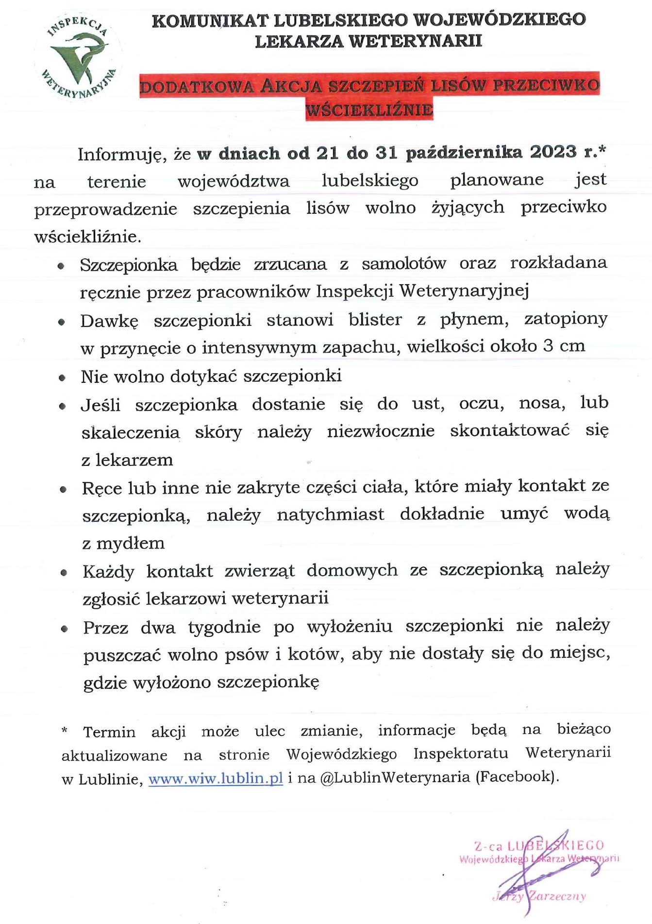 Komunikat Lubelskiego Wojewódzkiego Lekarza Weterynarii