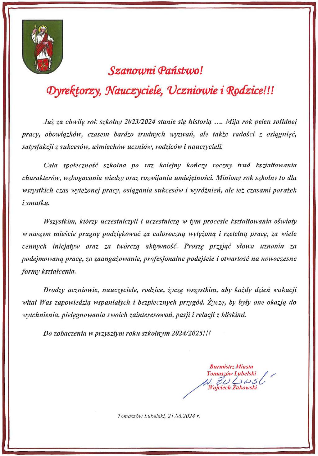 List na zakończenie roku szkolnego