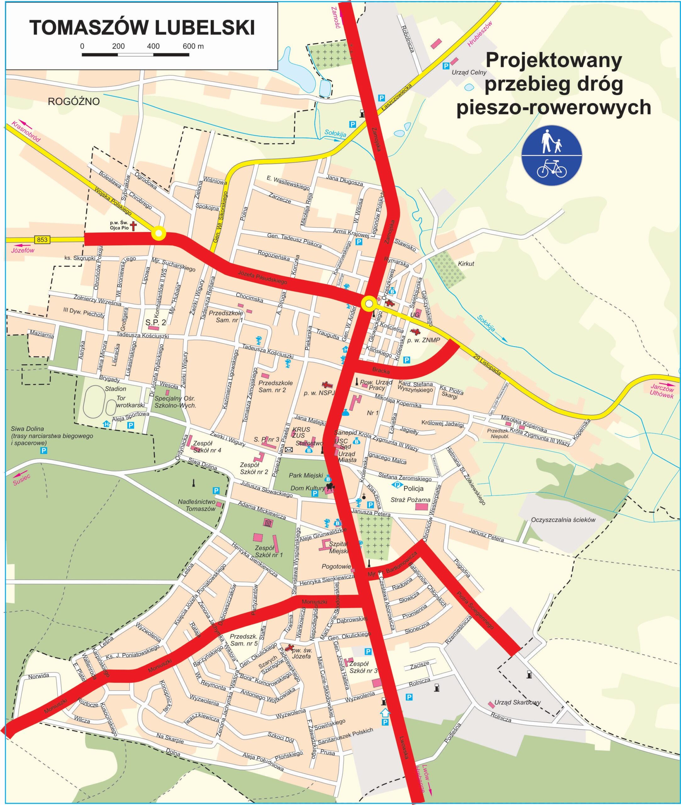 Projektowany przebieg dróg pieszo-rowerowych